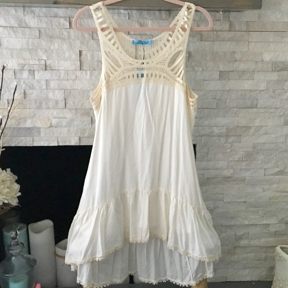 IVORY FLOWING DRESS WITH CROCHET TOP AND RUFFLES